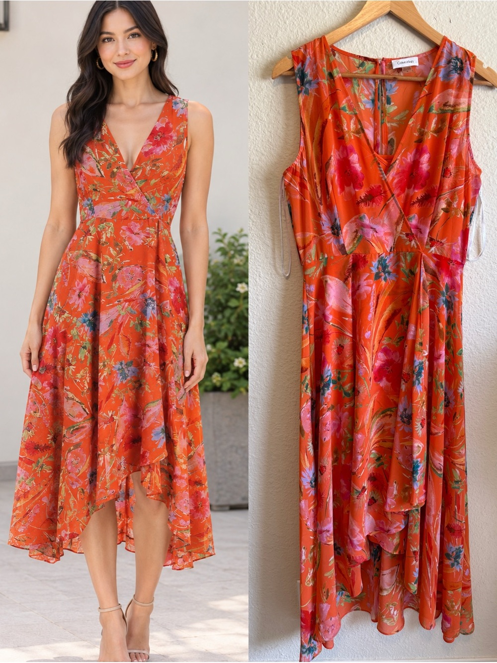 Calvin Klein Orange Floral High-Low V-Neck Sleeveless Midi Dress – Size 10
